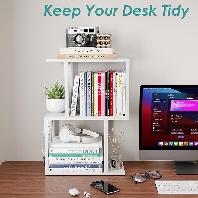 Small Desktop Bookshelf Organizer, White 3-Tier Desk Shelf with Metal Hook Workspace Organizers for Desk Organization and Office Storage Table Bookcase