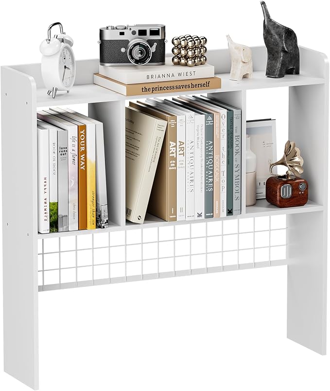 Desktop Bookshelf,Countertop Storage Hutch with 3 Shelves for Computer Desk,2-Tier Display Rack with Grid Panel, Multipurpose Wood Desk Hutch Storage Organizer for Home Office Dorm (White)
