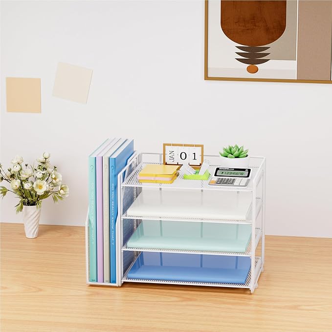 Marbrasse Desk Organizer and Accessories,4-Tier Paper Letter Tray Organizer with File Holder,Desk Accessories & Workspace Desktop Organizers for School Home Office Supplies (White)