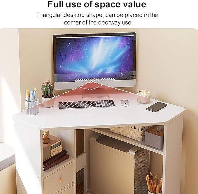 SAZDFY Corner Desk for Small Space, Triangle Computer Desk Corner Writing Desk with Storage Shelves & CPU Stand, Makeup Vanity Table for Home Office, Workstation(77x77x74cm(30x30x29inch), White)