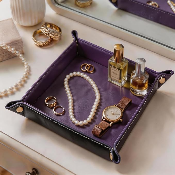 Valet Tray Desktop Storage Organizer – Vegan Leather Catchall Tray Bedside Vanity Tray Nightstand Caddy Holder for Remote Controller, Watch, Keys, Phone, Wallet, Coin, Jewelry, Purple
