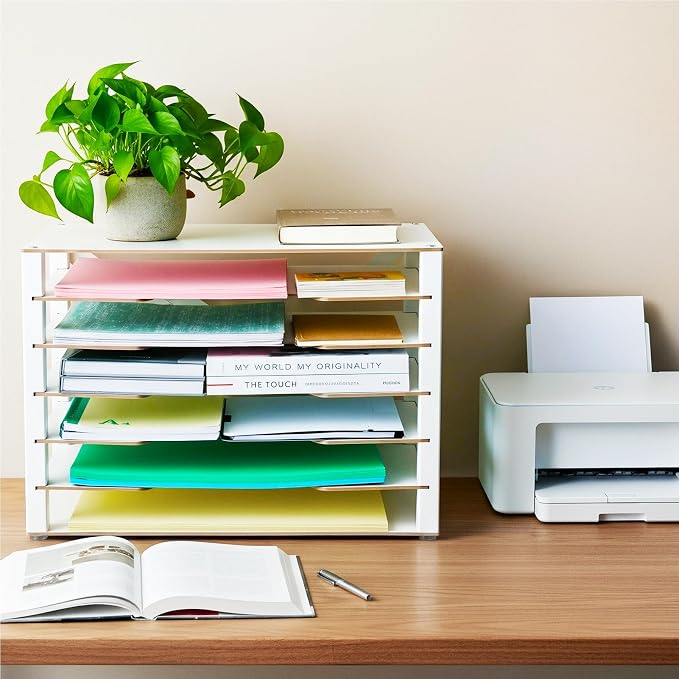 Yumkfoi Construction Paper Organizer 12" x 18", 6-Tiers Paper Organizer Storage, Wooden Desktop Organizer, Letter Tray for Office, Home, Classroom