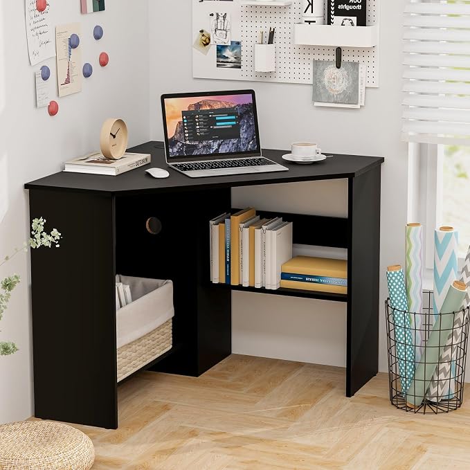 SlickBlue Corner Computer Desk with Triangle Design and Storage Shelf for Space-Saving
