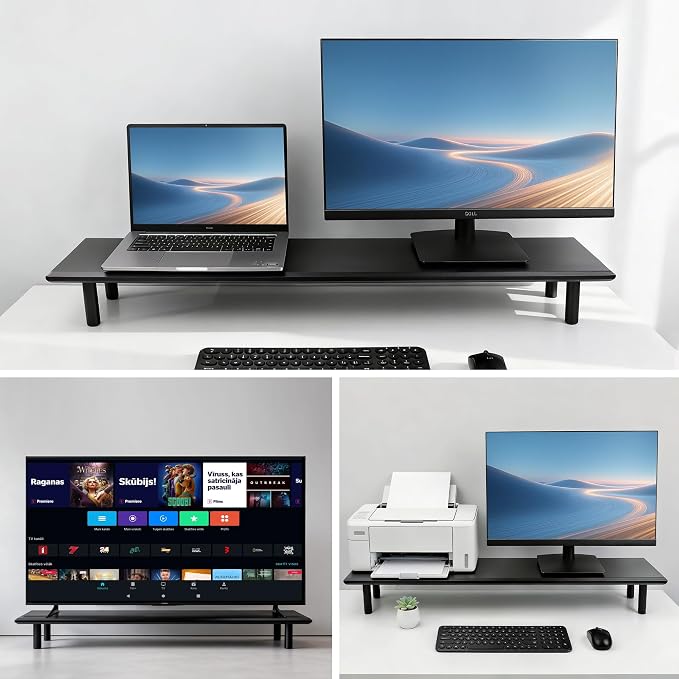 Bamboo Dual Monitor Stand Riser with Underneath Storage, Ergonomic Desk Shelf Supports PC Computer Monitor, Printer, TV for Home, Office, Black