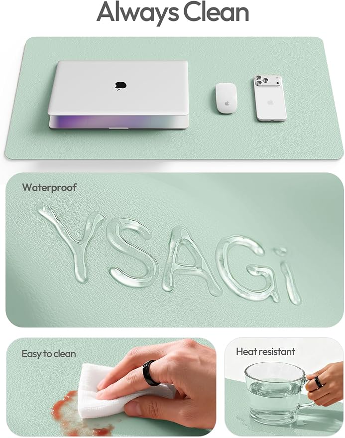YSAGi Leather Desk Protector, Office Mat, Large Mouse Mat, Non-Slip PU Leather Blotter, Laptop Desk Mat, Waterproof Writing Pad for Office and Home(Pale Green, 40" x 24")
