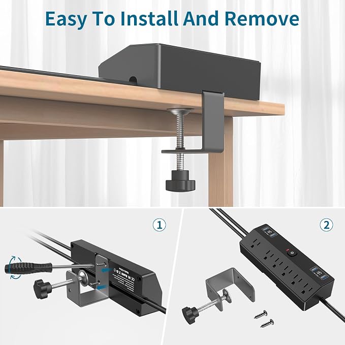 Desk Clamp Power Strip 6FT with 40W USB C Ports, JXGUCAT Flat Plug Desk Mount Power Strip Surge Protector, Removable Extension Cord with 2 USB-C Ports 6 Outlets, Fits 1.8" Tabletop Edge, Black