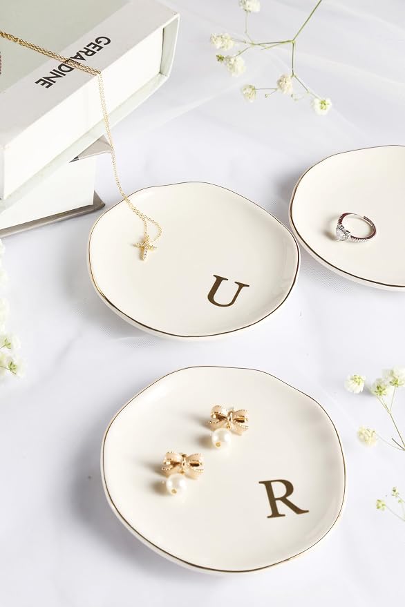 Ceramic Jewelry Tray Ring Dish Personalized P-Monogrammed Engagement Wedding Gifts, for Birthday Mother's Day for Women, Ceramic White 4.75" (P)