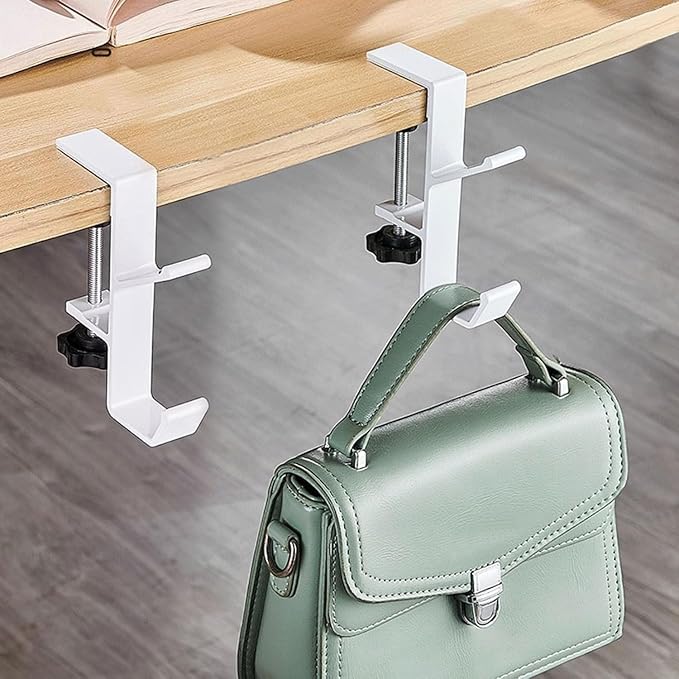 3PCS Desk Mount Bag Holder Hook Clamp,On Backpack Hanger Portable Desk Mount Headphones Holder for Reduce Desk Clutter Table Desk Table Hanging Storage (White)
