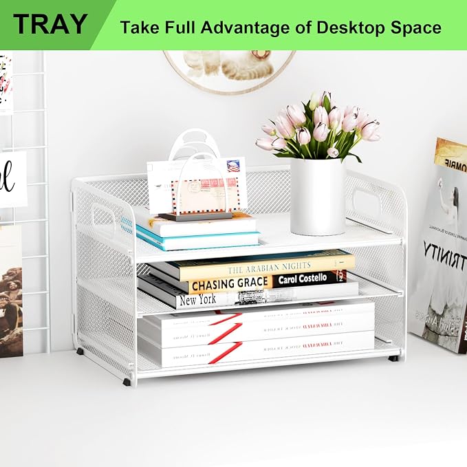 3 Tier Letter Tray Paper Organizer with Handle, Mesh Desk Organizer Paper Sorter File Rack Shelves, White