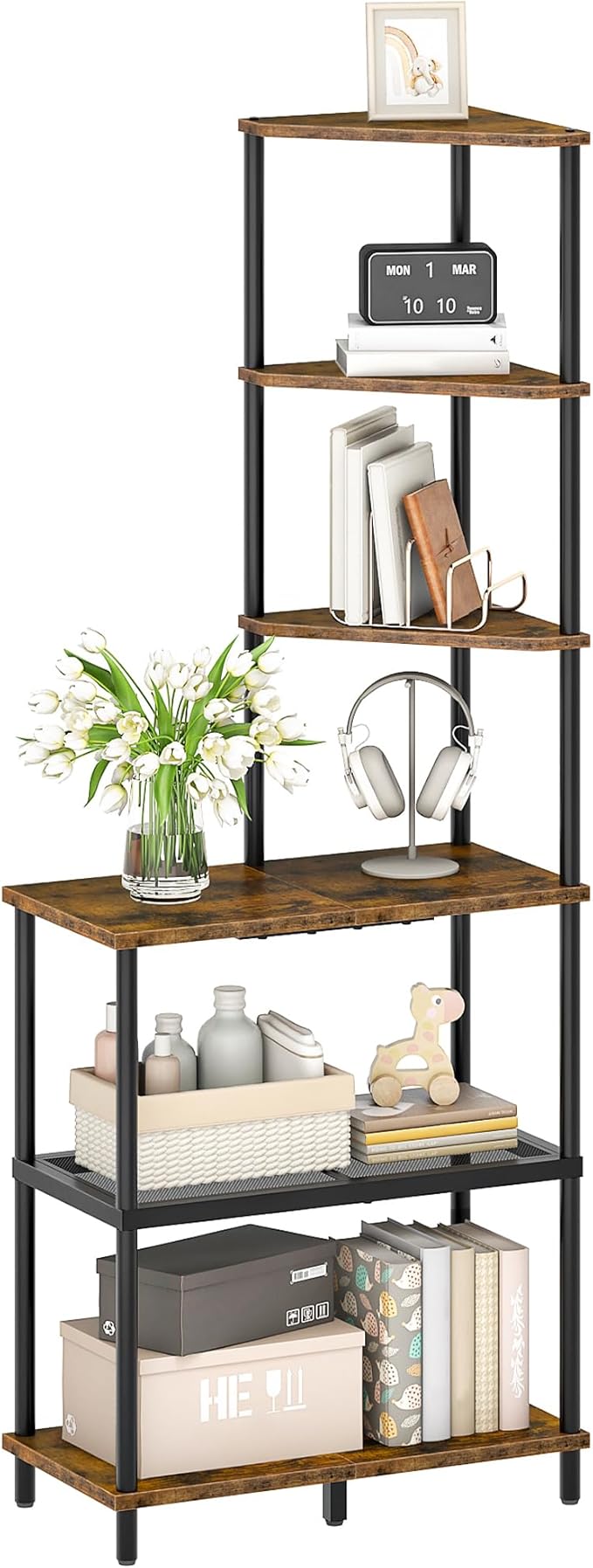 CHOEZON 6-Tier Corner Shelf, Industrial Corner Bookshelf with Desk Top, Diamond-Shaped Storage Shelves, Display Stand for Small Spaces, Living Room, Home Office, Foyer, Rustic Brown and Black TCJ70BF