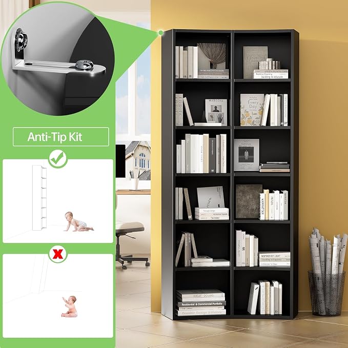kepptory 71” Tall Narrow Corner Bookshelf, 12 Cube Storage Organizer with Backboard & Anti‑Toppling Kit – Slim Vertical Bookcase for Small Spaces, Apartment, Home Office (6 Tier)