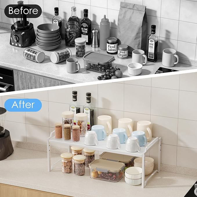 2 Pack 11โ Depth Expandable Kitchen Cabinet Organizer Shelves, Heavy Duty Kitchen Countertop Organizers and Storage Rack, Stackable Metal Small Storage Shelf For Pantry Counter Cupboard Organization