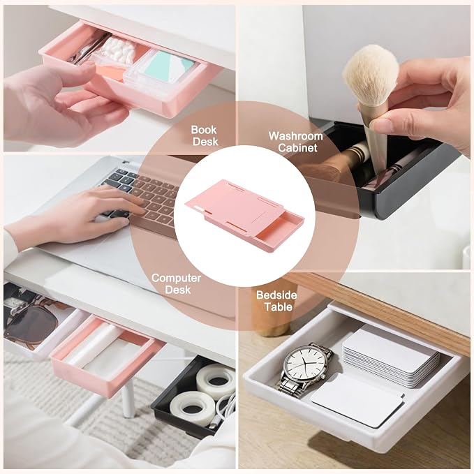 PATIKIL Under Desk Drawer Slide Out, 8.66 x 6.1" Plastic Table Storage Drawers Slide Out Storage Box for Laptop Study Desks Dining Dressing Tables Wardrobes Cabinets, Pink