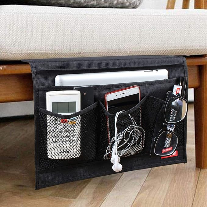 Bedside Storage Organizer with Pockets, Bedside Caddy, Table Cabinet Storage Organizer, TV Remote Control, Phones, Magazines, Tablets, Accessories, Black