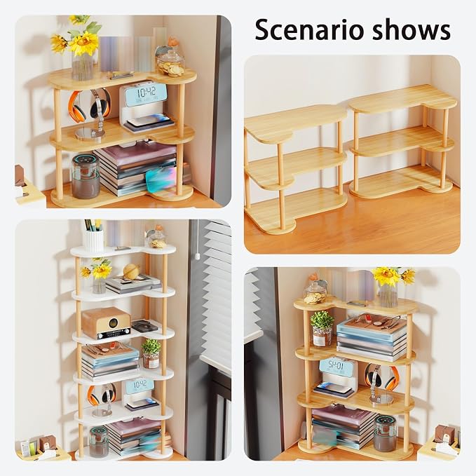 Desktop Bookshelf Organizer, Multi Tier Space Saving Corner Shelf, Thickened Wood Board Structure, Small Bookcase for Office, Home, Dorm(Light Walnut,15.3 * 8.4 * 33.4in)