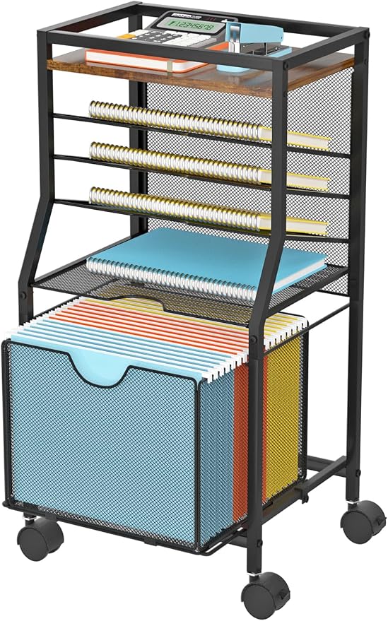 BOHDK Rolling File Cart, 6-Tier Desk File Organizer on Lockable Wheels, Brown Wood Planks & Mesh Sliding Hanging Folder Drawer, Organization Cart for Office Home School