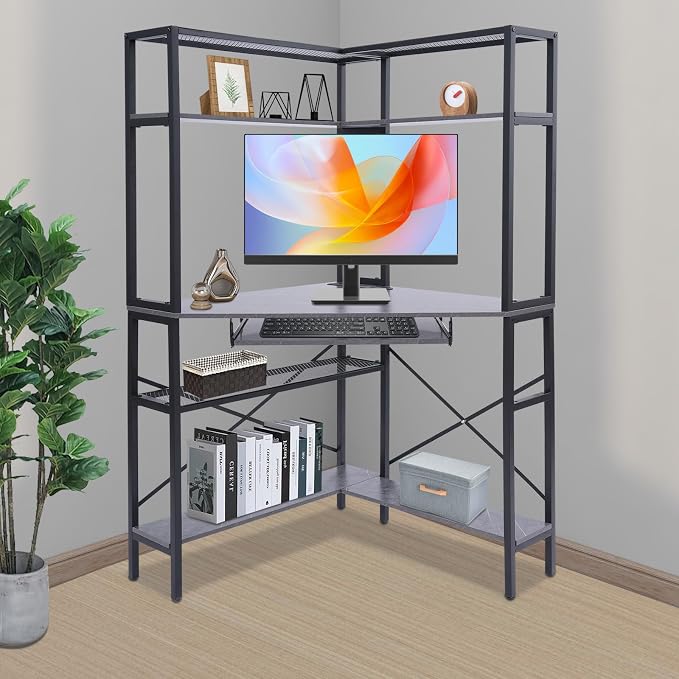Corner Desk, Corner Computer Desk with Power Outlets, 29.5x29.5x60in Gaming Desk with LED Light Strip & Storage Shelves for Home Office and Small Space (Gray)