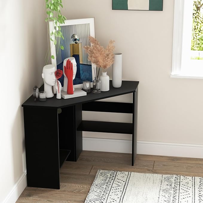 LDAILY Corner Desk with Storage Shelves & Cable Holes - Space-Saving Computer Table for Small Spaces, Home Office, Living Room, Bedroom (Black)
