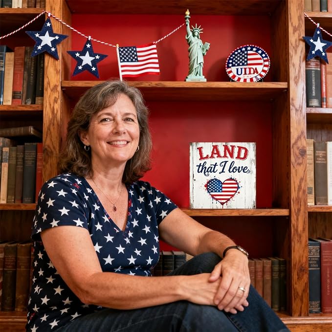 Patriotic Wooden Box Sign,Land That I Love 4th Of July Signs Home Decor,Independence Memorial Day Block Sign for Desk Shelf Tabletop Decor