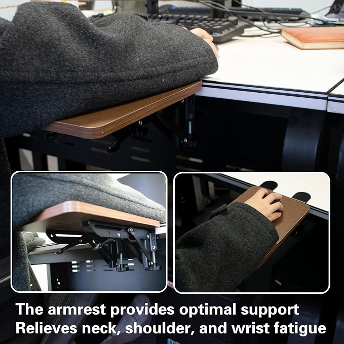 Ergonomic Desk Extender Tray, 9.8 x 6.9 Inch Clamp on Table Mount Arm Wrist Rest Shelf, 90° Foldable Mouse Support, Computer Elbow Arm Support for Office Cubicles, Home Study (Walnut)