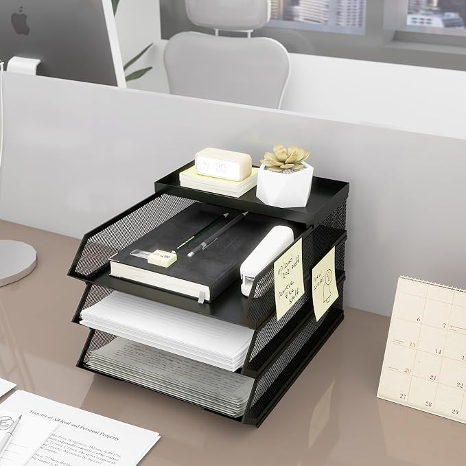 Natwind 3 Tier Stackable Paper Trays for A4 File,Desktop File Organizers for Office Supplies,Metal Mesh Desk Organizer,Mail Sorter Paper Tray with Top Tray,Letter Trays for Home,Office,School,Black