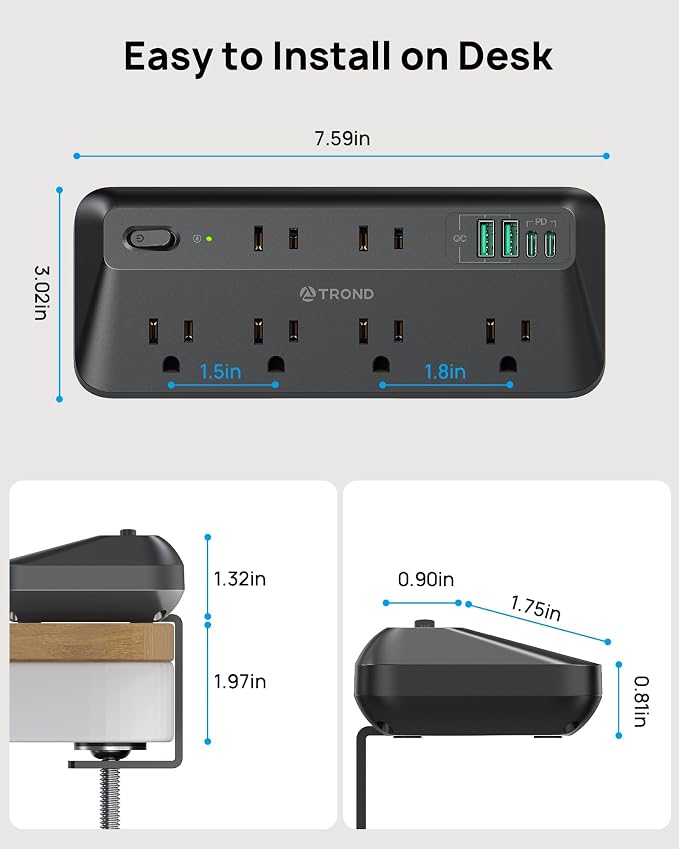 TROND 20W USB C Desk Clamp Power Strip - 1700J Surge Protector with 6 Outlets, Desktop Edge Mount Extension Cord, Fit 1.97" Tabletop, 6FT Flat Plug for Teacher Must Haves, Office, ETL List, Black