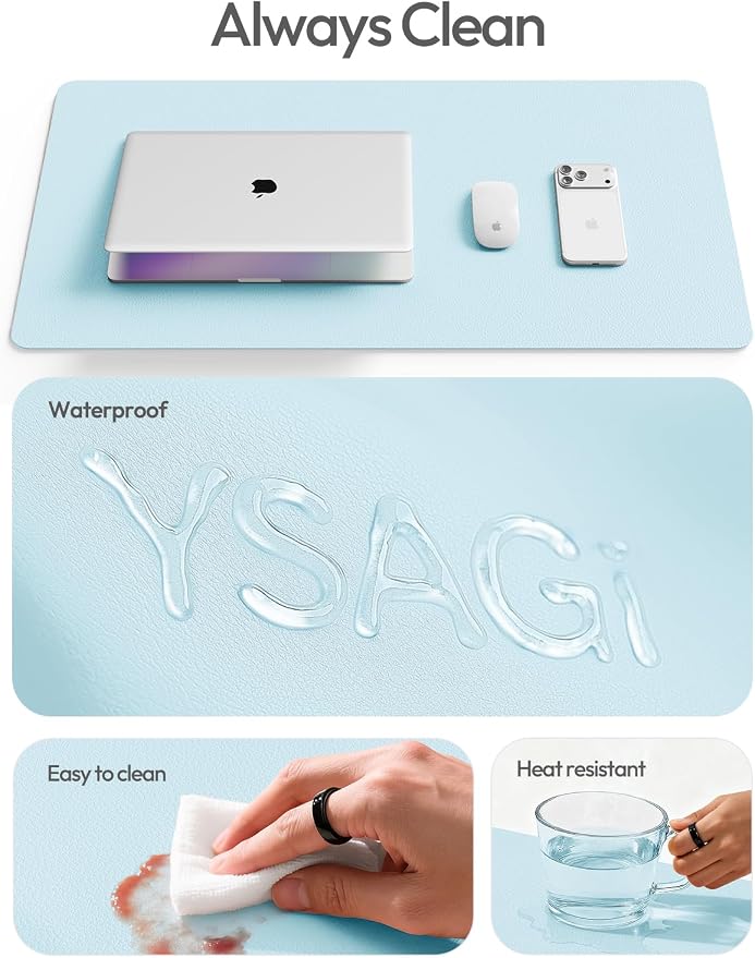 YSAGi Leather Desk Protector, Office Mat, Large Mouse Mat, Non-Slip PU Leather Blotter, Laptop Desk Mat, Waterproof Writing Pad for Office and Home(Baby Blue, 63" x 17.2")