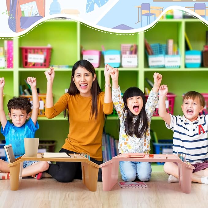 Beeveer 8 Pcs Kids Lap Desk Tray Bulk 19.7x9.6x7.1in Portable Lap Tray for Kids Plastic Table with Side Storage Space for Bed Classroom Laptop Children Car Activity Eating Floor (Morandi Colors)