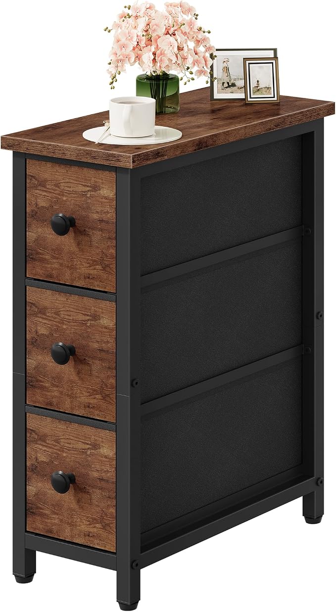 CHOEZON Narrow Side Table with 3 Fabric Drawers, Industrial Slim Bedside Table for Small Spaces, Bedroom, Living Room, Dormitory, Rustic Brown and Black TBZ09BF