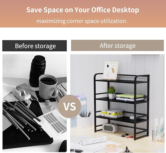 Office Desk Shelf Organizer, Wood Desktop Bookshelf Supplies Storage Rack, Shelf for Top of Desk and Dresser and Cubicle Decor Aesthetic Bookshelf (White Wood, Three Tier, 19.69Lx7.87Wx22.05H)