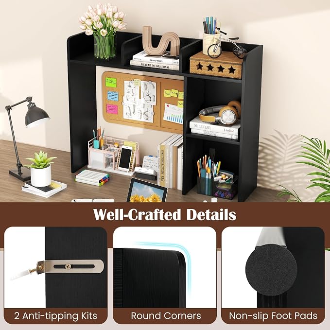 MAT EXPERT Desk Organizer, Wooden Desktop Shelf for 27 Inch Monitor with 5 Shelves & Non-Slip Foot Pads, Anti-Tipping Device, Multipurpose Desk Hutch for Study, Office, Dorm (Black)