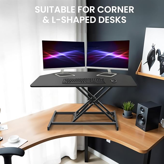 Aconcept 34 inch Black Corner Height Adjustable Standing Desk Converter, One-Click Sit to Stand up Desk Riser, Pre-Assembled Dual Monitor and Laptop Workstation