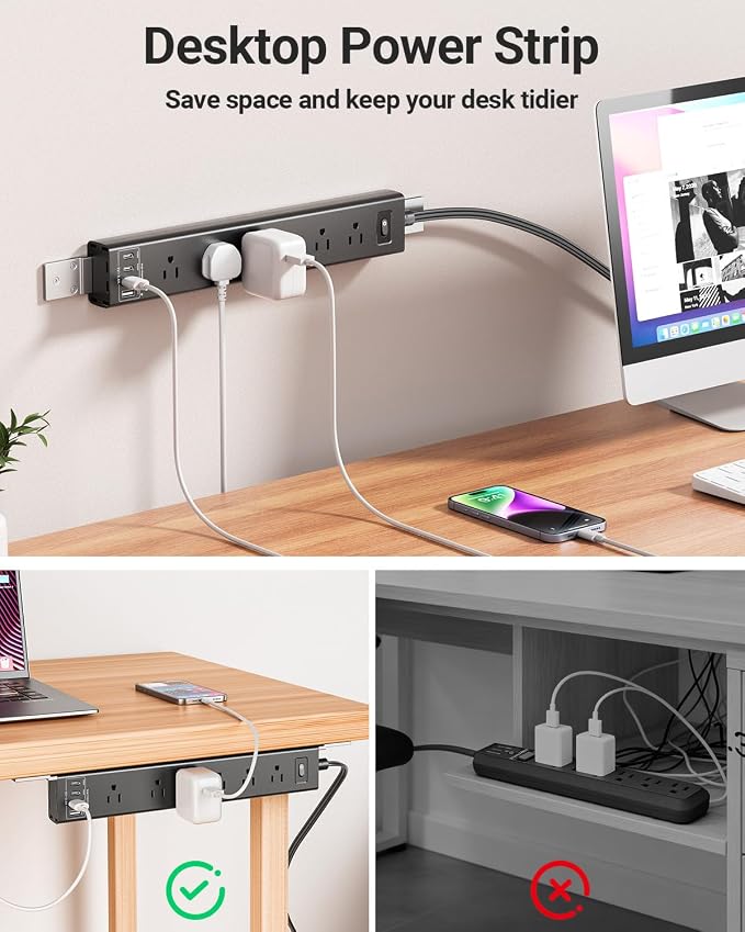 360° Mountable Surge Protector Power Strip with 4 USB Ports (2 USB C), 6 FT Electrical Outlet & Flat Plug Extension Cord for Under Desk, Wall, or Corner Mount