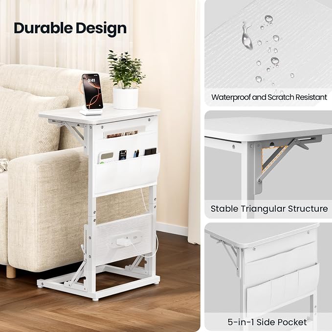 HLDIRECT C Shaped End Table with Charging Station, Couch Side Table with Storage Bag, Foldable TV Tray with 2 USB Ports and Outlets for Living Room, Bedroom, White