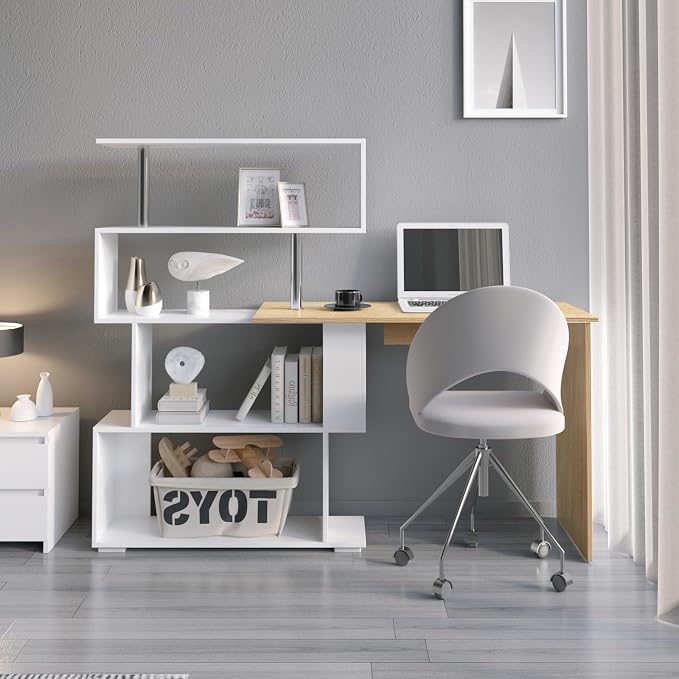 Mondeer 41.7" L Shaped Desk with 4-Tier Storage Shelves, Computer Corner Desk for Study Home Office Living Room (Oak and White)