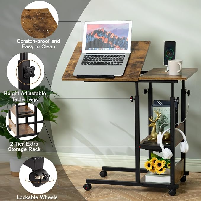 Hadulcet Adjustable C Table with Charging Station, Tiltable Desk C Shaped End Table for Couch, Over Bed Table with Wheels Adjustable Height, Hospital Table Laptop Stand Drawing Desk, Rustic Brown