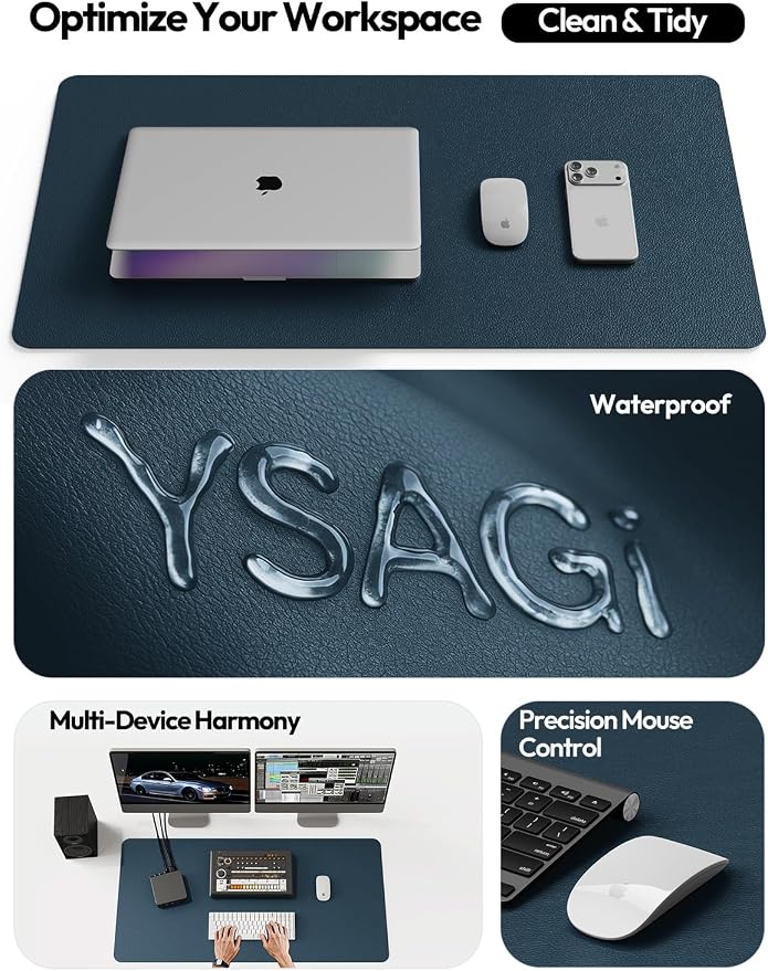 YSAGi Leather Desk Pad Protector, Office Desk Mat, Large Mouse Pad, Non-Slip PU Leather Desk Blotter, Laptop Desk Pad, Waterproof Desk Writing Pad for Office and Home (Dark Blue,55" x 24")