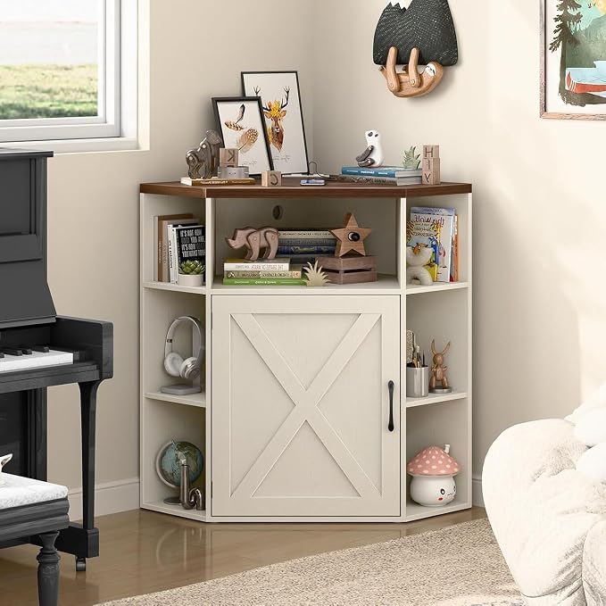 Halitaa Corner Storage Cabinet, 6-Cubby Wooden Cabinet with USB Ports and Outlets, Farmhouse Corner Bookshelf with Storage Industrial Organizer for Study, Playroom, Living Room, White and Brown