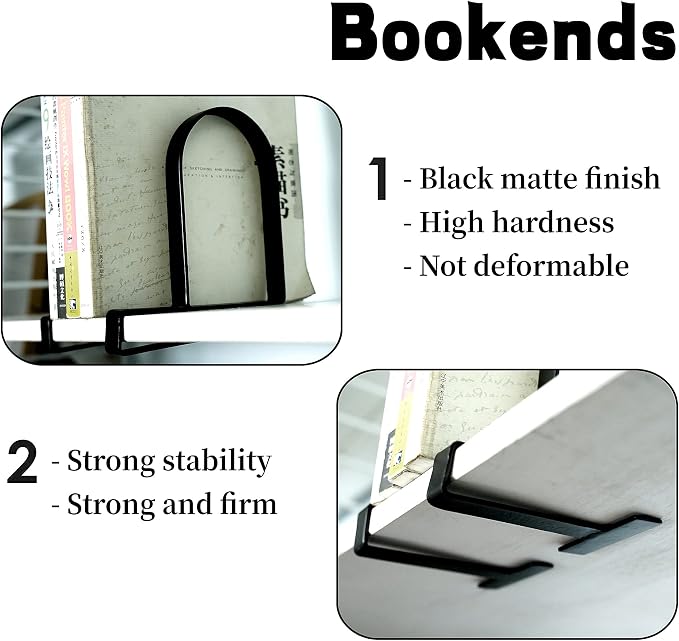 Book Ends for Shelves: Black Metal Book Ends, Heavy Duty Bookend Supports for Shelves, Non-Skid Book Organizer for Home Office School Supplies