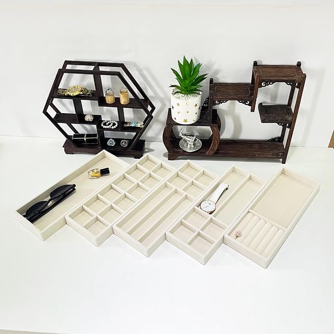 Divided Drawer Organizer Tray, Velvet Jewelry Storage Tray, Necklace Bracelet Ring Earring Display Tray,Bedside Nightstand Desk Holder Tray for Phone Watch Sunglasses Cosmetics Storage/Beige/6grid