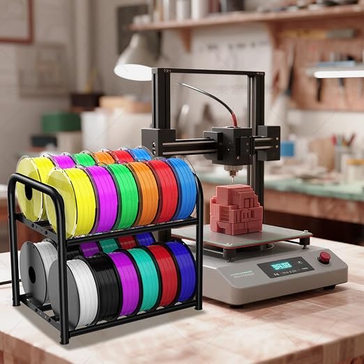 2-Tier Metal Filament Rack, Compact Under Desk 3D Filament Spools Rolling Cart with Adjustable Spools Storage Holds 24+ PLA/ABS/TPU Filaments, for Home, Office Workshop, Studio