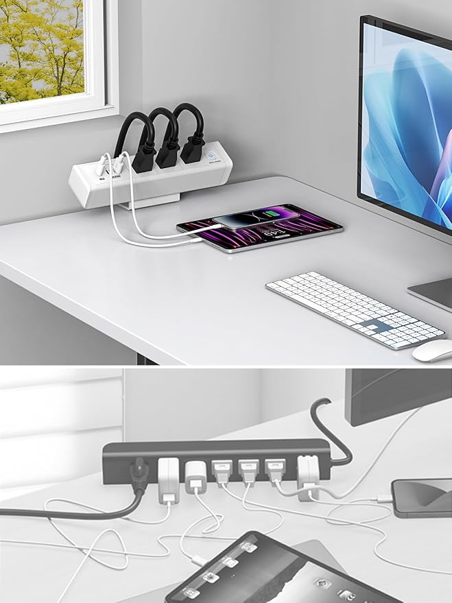 Desk Clamp Power Strip 3 Outlet 2PD20W USB-C Ports,1 USB-A Ports,Desktop Edge Mount Outlet Spaced Surge Protector Fast Charging Station, 6.6 Ft Extension Cord for Office Home. (White)