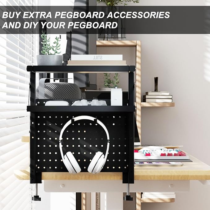 Adjustable 2-Tier Clamp on Desk Shelf with Pegboard, Side Table Extender Shelving Unit for Table Accessories,Desk Storage Shelves Desktop Organizer for Working and Gaming Accessories