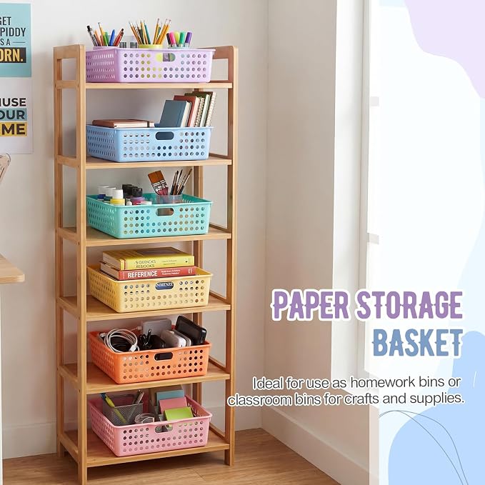 Geetery 12 Pack Classroom Storage Baskets with Handle 14''x10'' Paper Tray Holds A4 Turn in Trays Plastic Paper Baskets Desk Organizer Bin for Classroom, Library, Office, Home (Pastel Color)