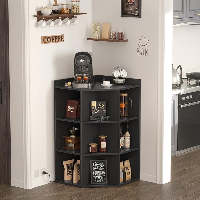 Aheaplus Corner Cube Book Shelf, 4-Tier Corner Cabinet with Power Outlets, Corner Cube Storage Shelf with Top Table, Wooden L Shaped Cubby Bookcase for Home Office, Bedroom, Living Room, Black