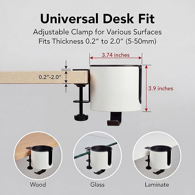 GUNKING Luxury 2-in-1 Anti-Spill Cup Holder with Under Desk Headphone Hanger (White)