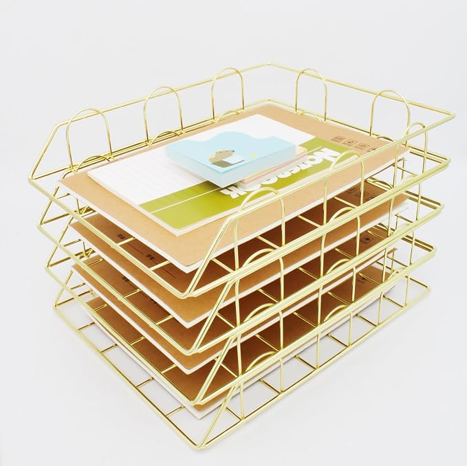 JIARI 4 Pack Desk Organizer Stackable Letter Tray Paper Organizer, Metal Desk Organizer Tray for Letter/A4 Paper Storage, for Office Supplies (Gold 4 Pack)