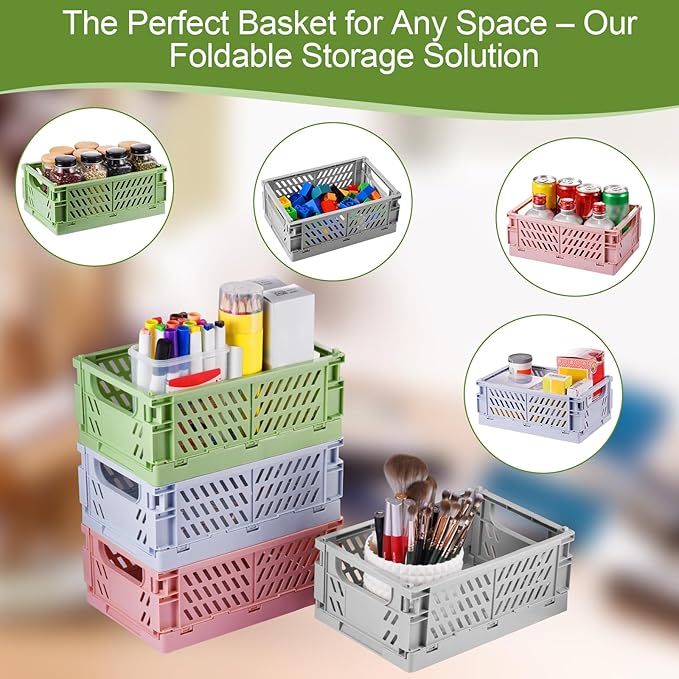 HUUSMOT 4-Pack Small Pastel Plastic Storage Baskets, Collapsible Crates for Organizing, Space-Saving Mini Bins for Classroom, Kitchen, Office, Bedroom (Grey, 9.8" x 6.5" x 3.8")