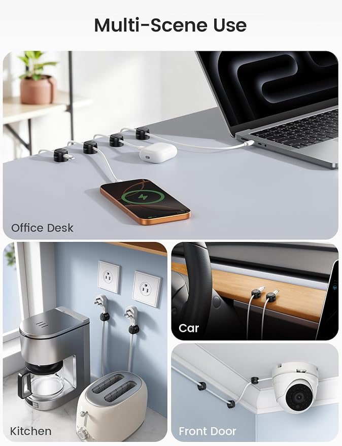 Lamicall 6 Pack Rotating Magnetic Cord Organizer Clips Cable Management - Adhesive Phone Charger Cord Holder for Desk Nightstand Wall Car RV, Office Home College Dorm Room Decor Accessories, Black
