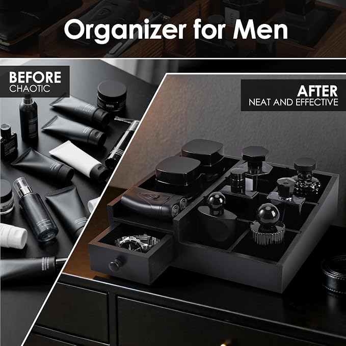 Organizer for Men,Bathroom Countertop Organizers,Perfume Organizer,Cologne Organizers,Bathroom Storage,Perfume Stand,Dresser Organizer,Desk Organizer,Gifts for Men,Adjustable Partition(Black)